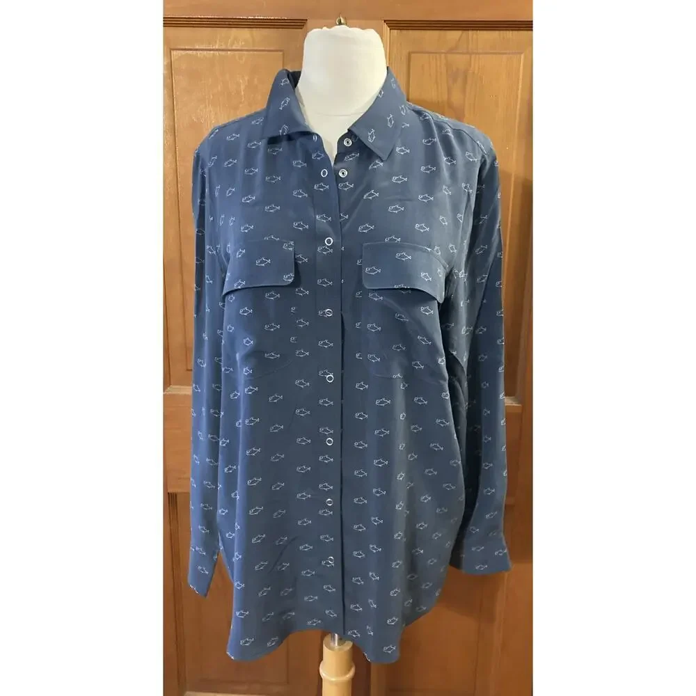Adriano Goldschmied‎ Alena Silk Shirt Women's Sz L Navy Snap Fish Shark Print - Picture 3 of 11